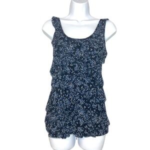 Express Dark Blue Floral Layered Ruffle Sleeveless Tank Top